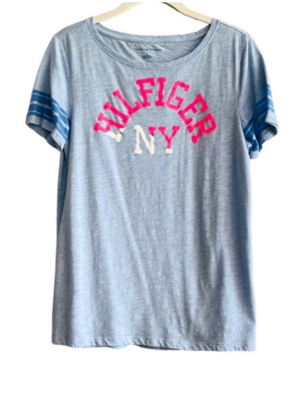 Tommy Hilfiger Short Sleeve Tee Varsity Stripes Heather Blue Size M
